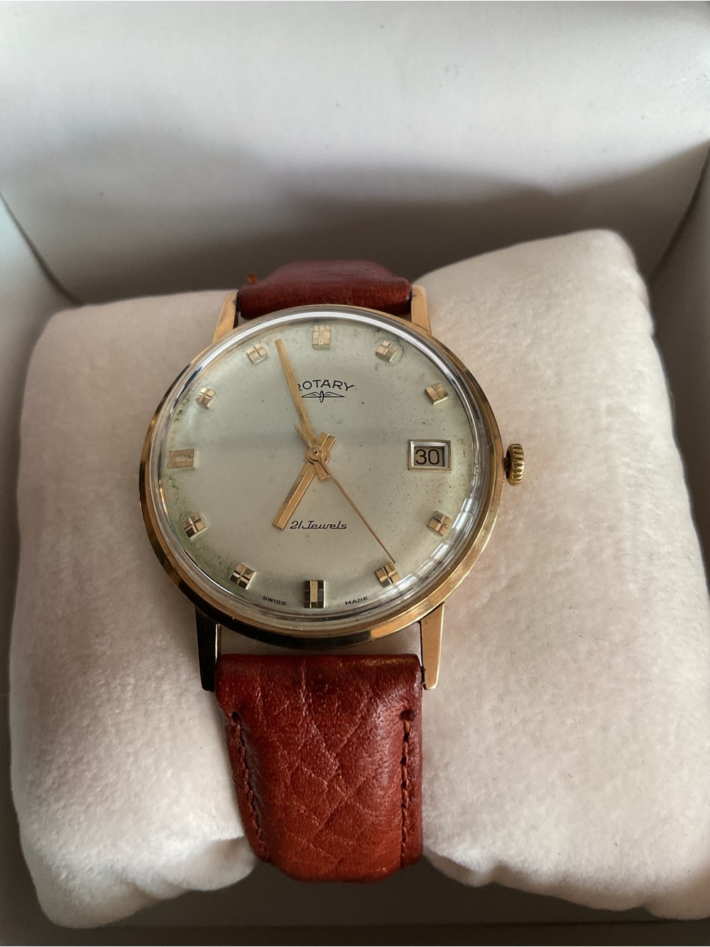 Men's Swiss Made Rotary Solid Gold Case Watch with Brown Leather Strap